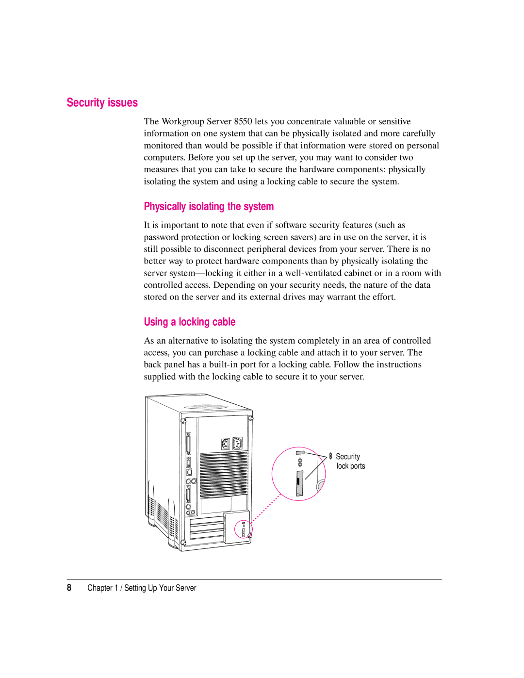 Apple 8550 technical specifications Security issues, Physically isolating the system, Using a locking cable 