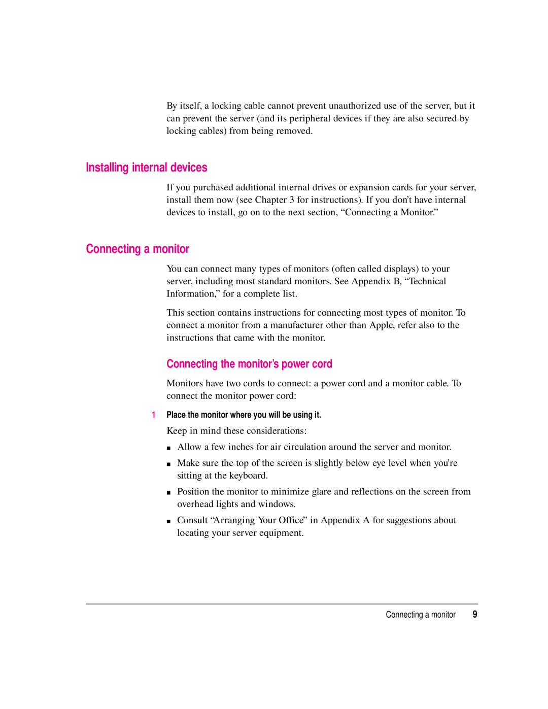 Apple 8550 technical specifications Installing internal devices, Connecting a monitor, Connecting the monitor’s power cord 