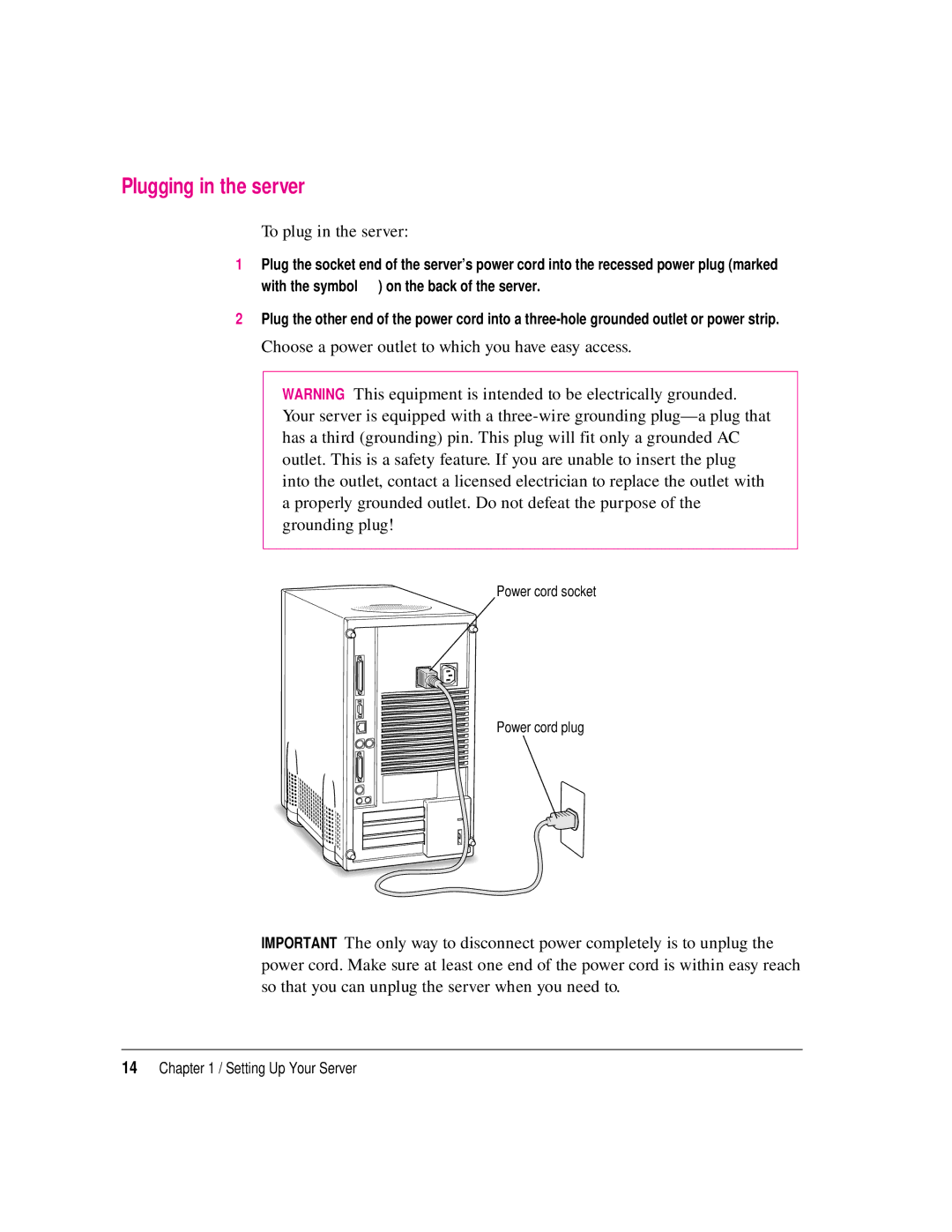 Apple 8550 technical specifications Plugging in the server, To plug in the server 