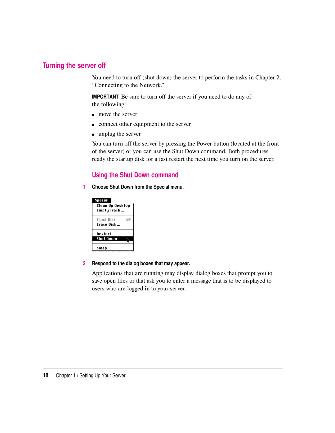 Apple 8550 technical specifications Turning the server off, Using the Shut Down command 