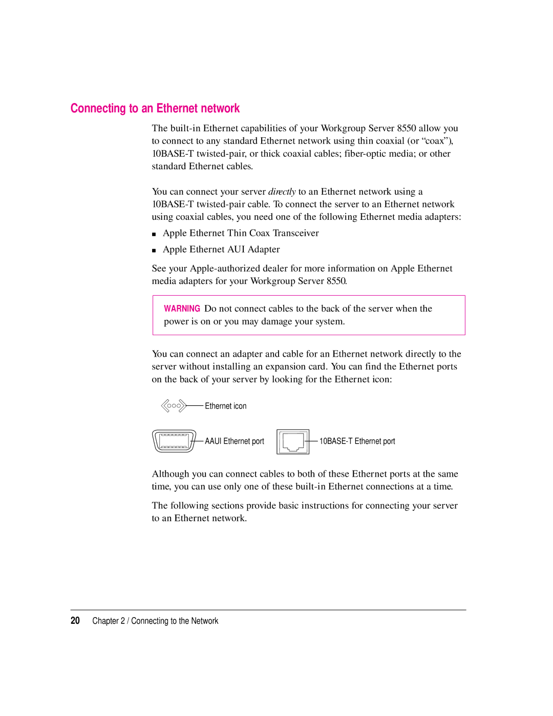 Apple 8550 technical specifications Connecting to an Ethernet network 