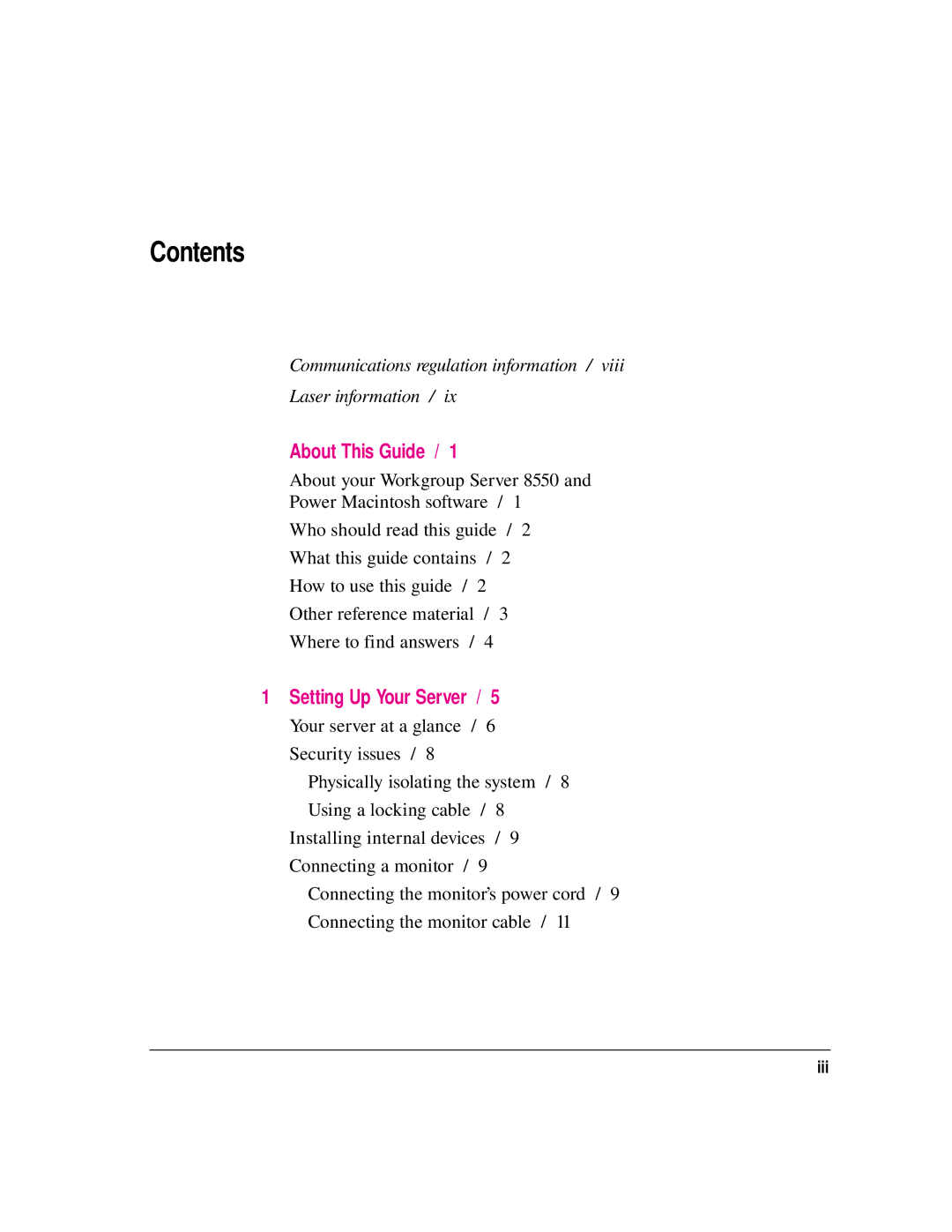 Apple 8550 technical specifications Contents 