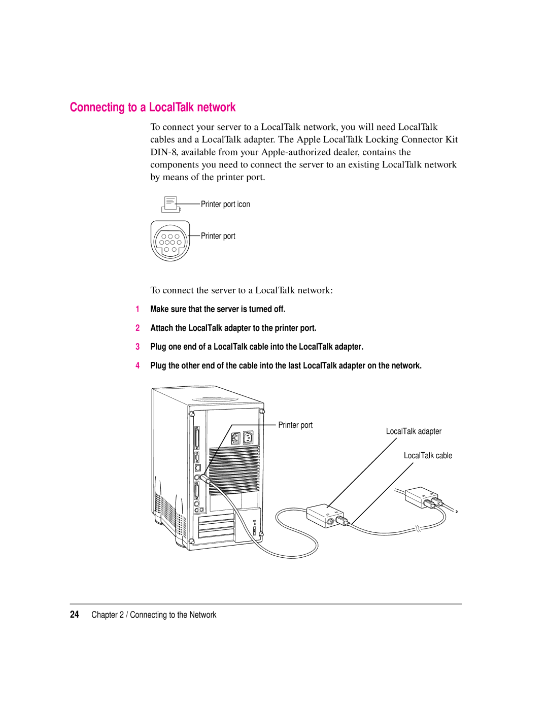 Apple 8550 technical specifications Connecting to a LocalTalk network, To connect the server to a LocalTalk network 