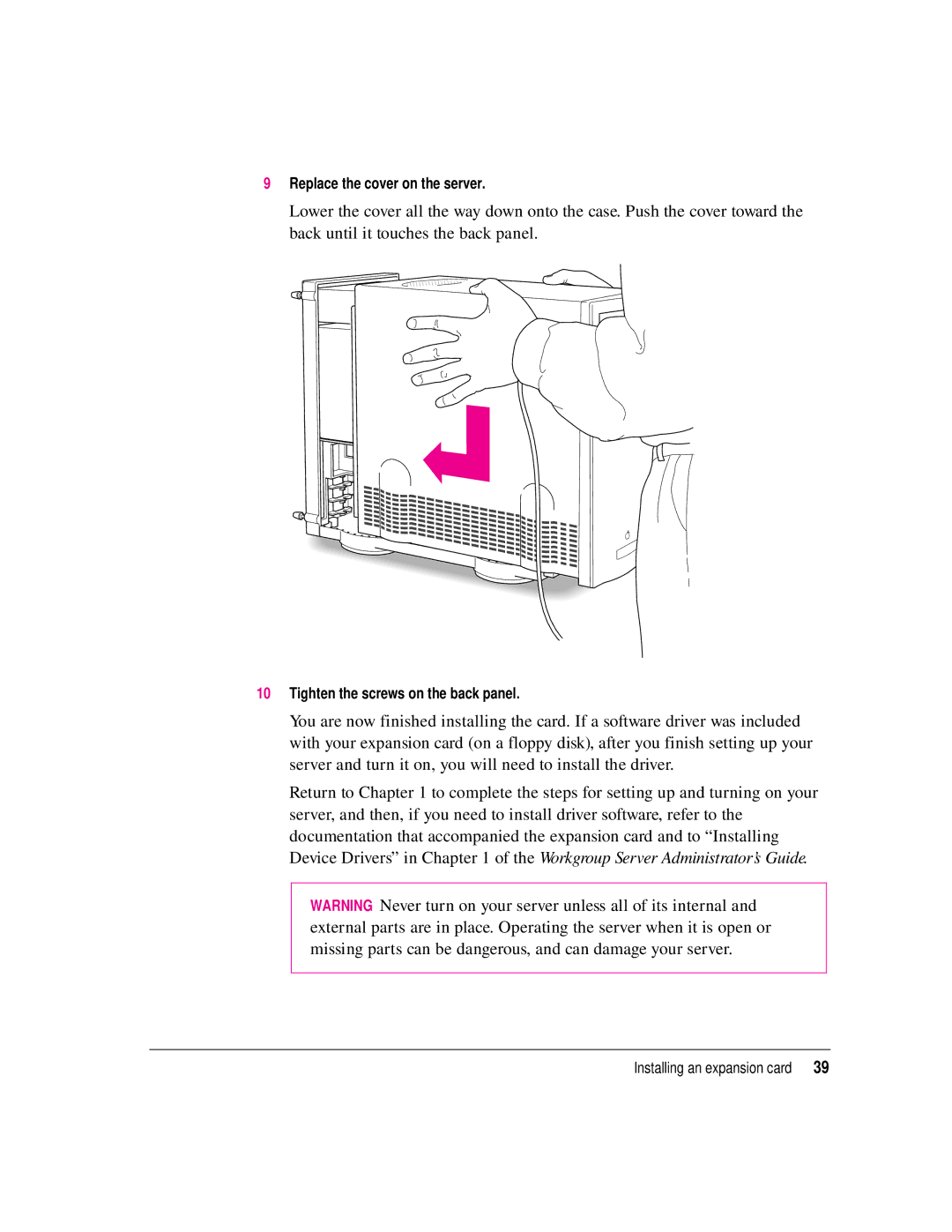 Apple 8550 technical specifications Replace the cover on the server 