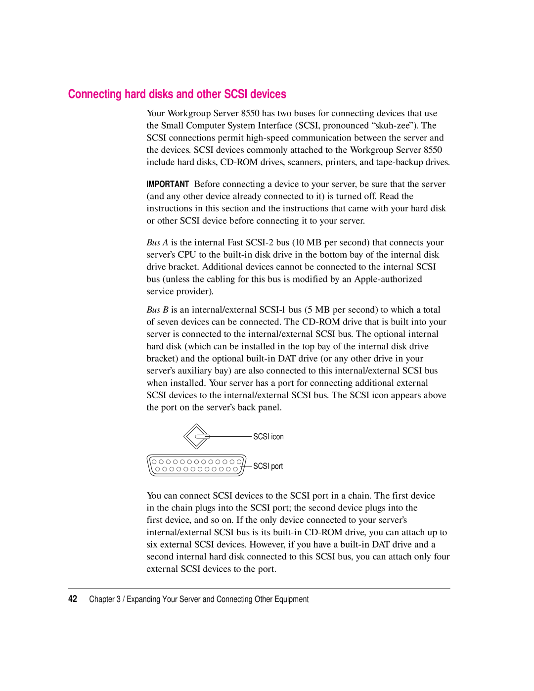 Apple 8550 technical specifications Connecting hard disks and other Scsi devices 