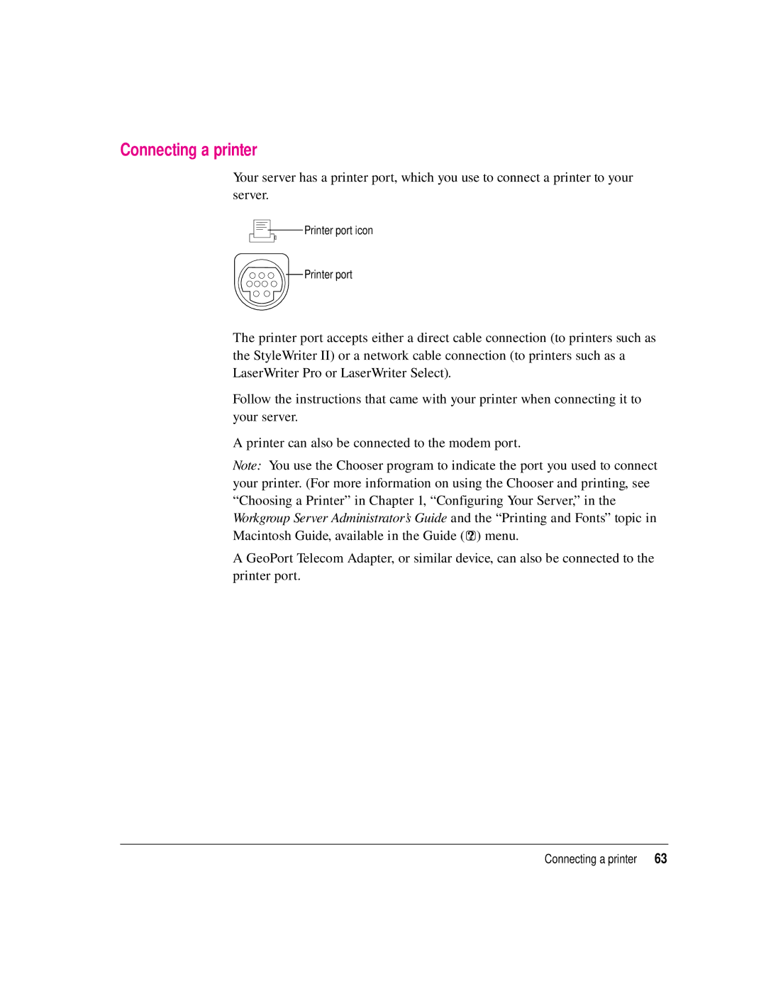 Apple 8550 technical specifications Connecting a printer 