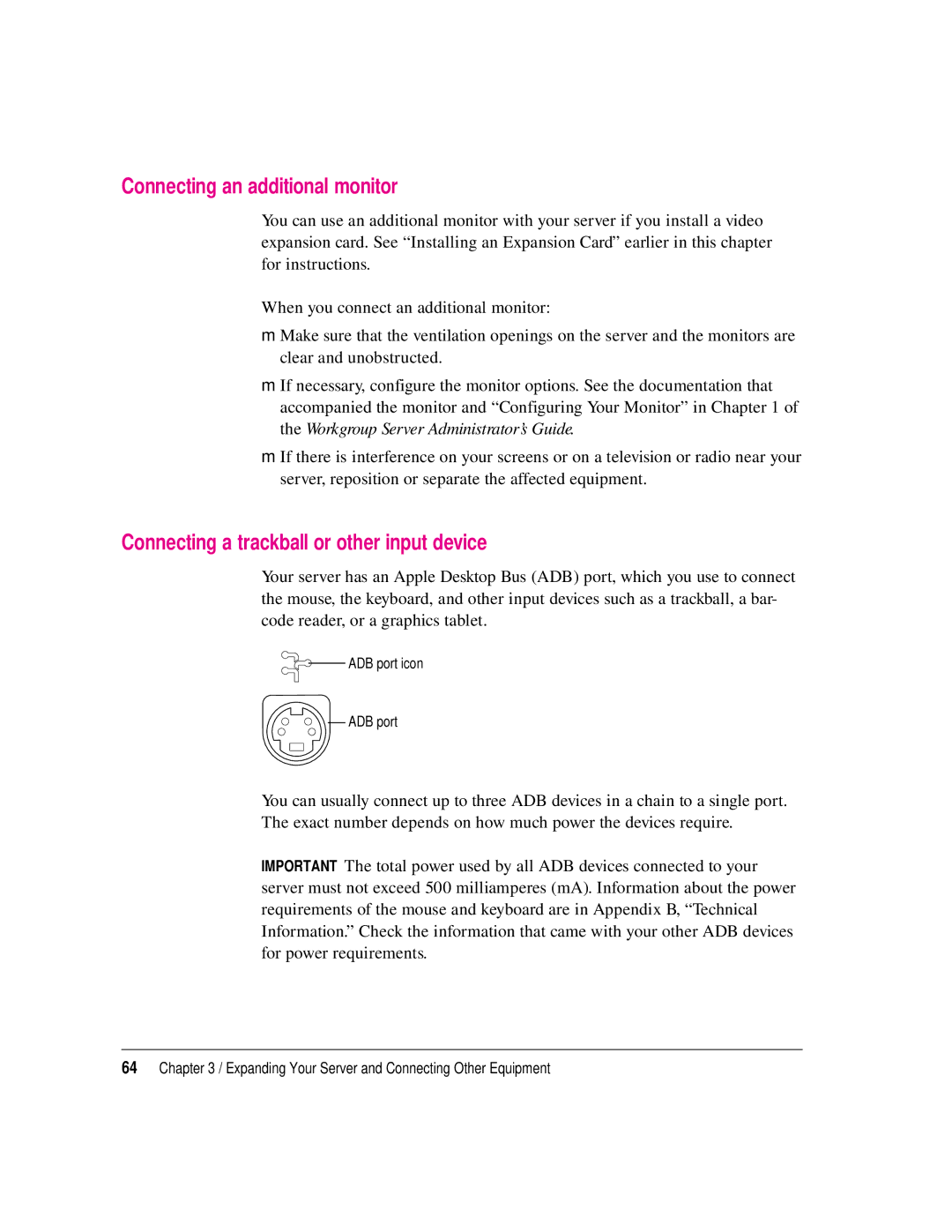 Apple 8550 technical specifications Connecting an additional monitor, Connecting a trackball or other input device 