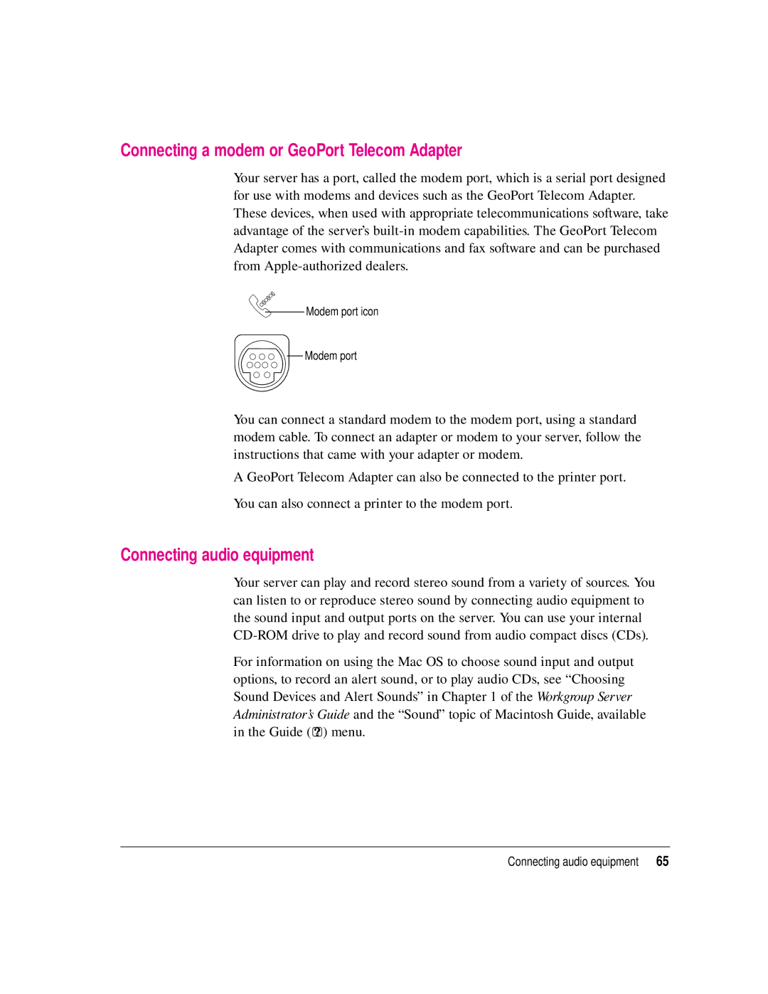 Apple 8550 technical specifications Connecting a modem or GeoPort Telecom Adapter, Connecting audio equipment 