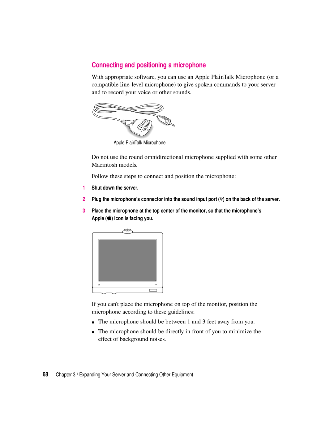 Apple 8550 technical specifications Connecting and positioning a microphone 