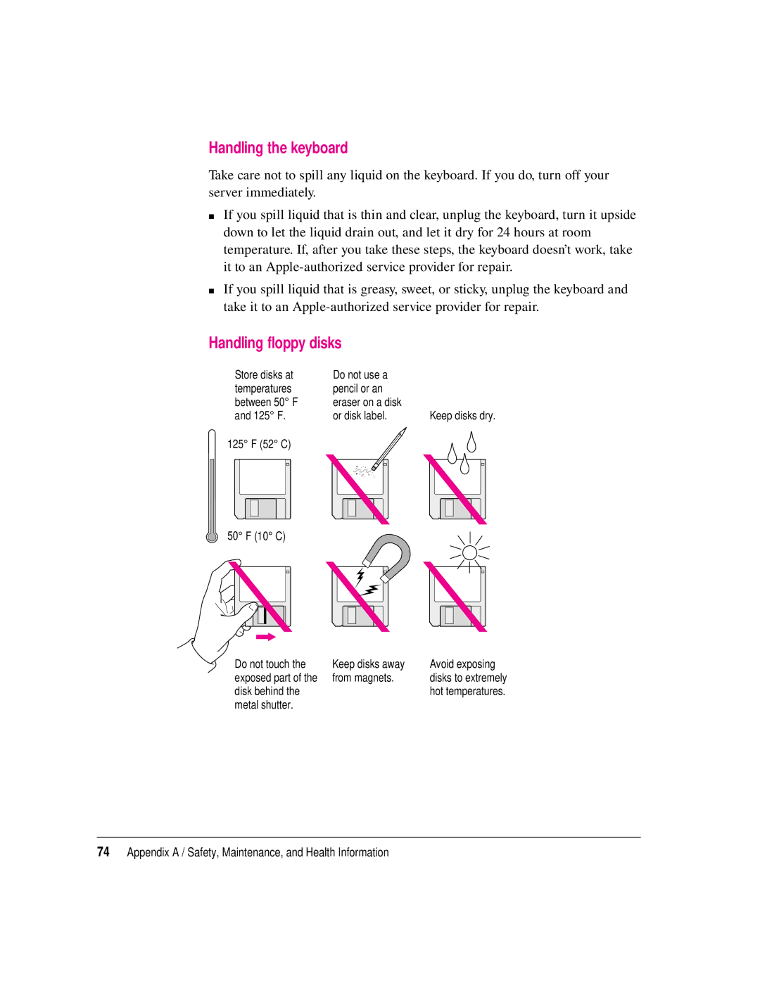 Apple 8550 technical specifications Handling the keyboard, Handling floppy disks 