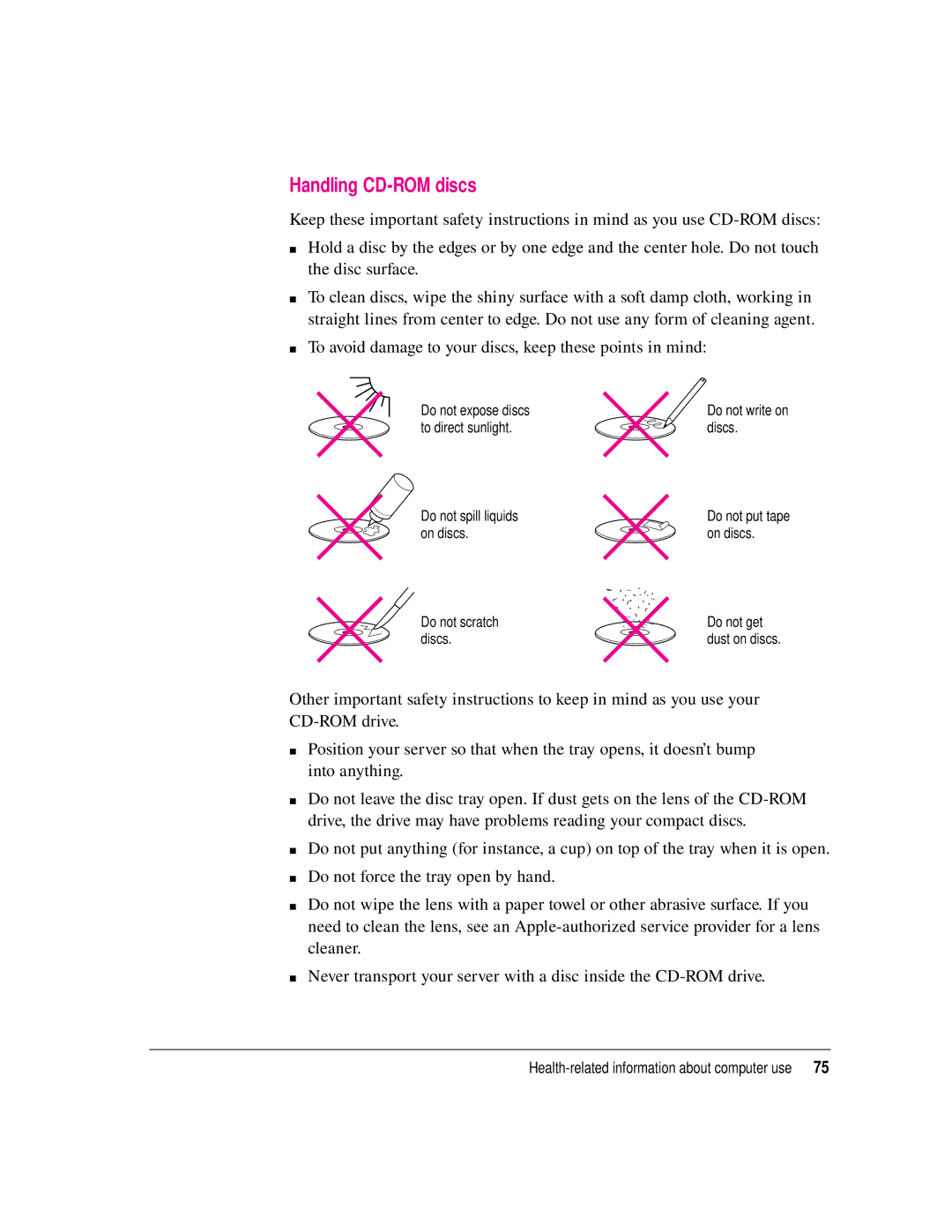 Apple 8550 technical specifications Handling CD-ROM discs 