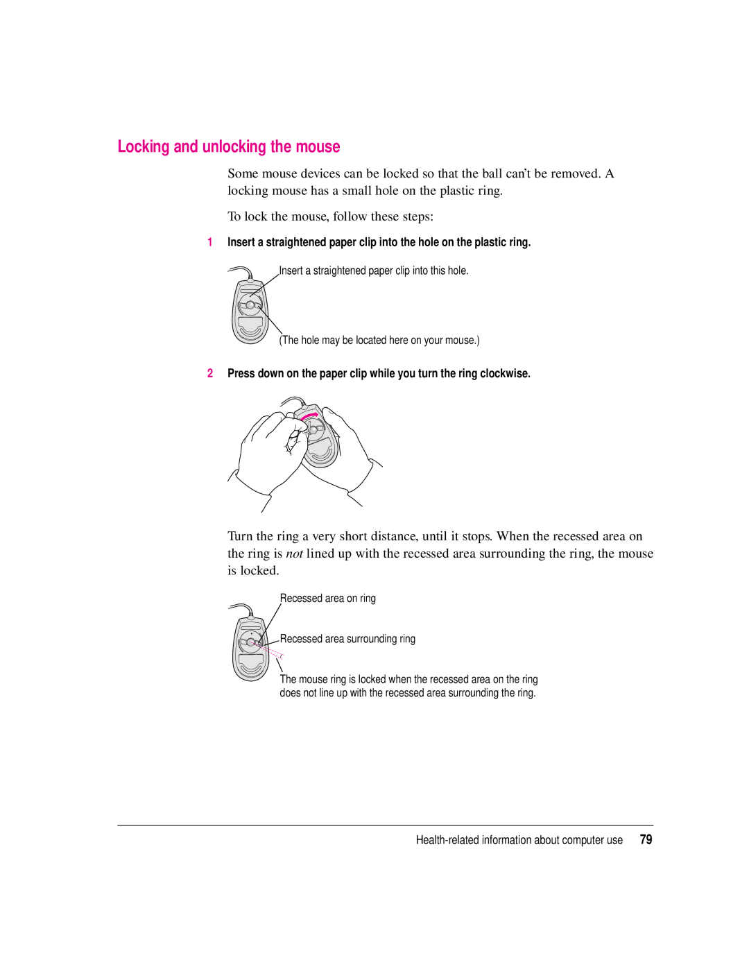 Apple 8550 technical specifications Locking and unlocking the mouse, Recessed area on ring Recessed area surrounding ring 