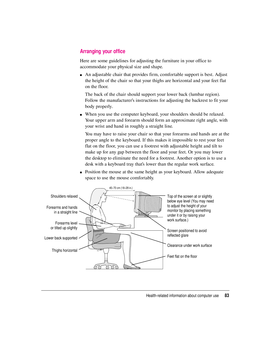 Apple 8550 technical specifications Arranging your office, Lower back supported Thighs horizontal 