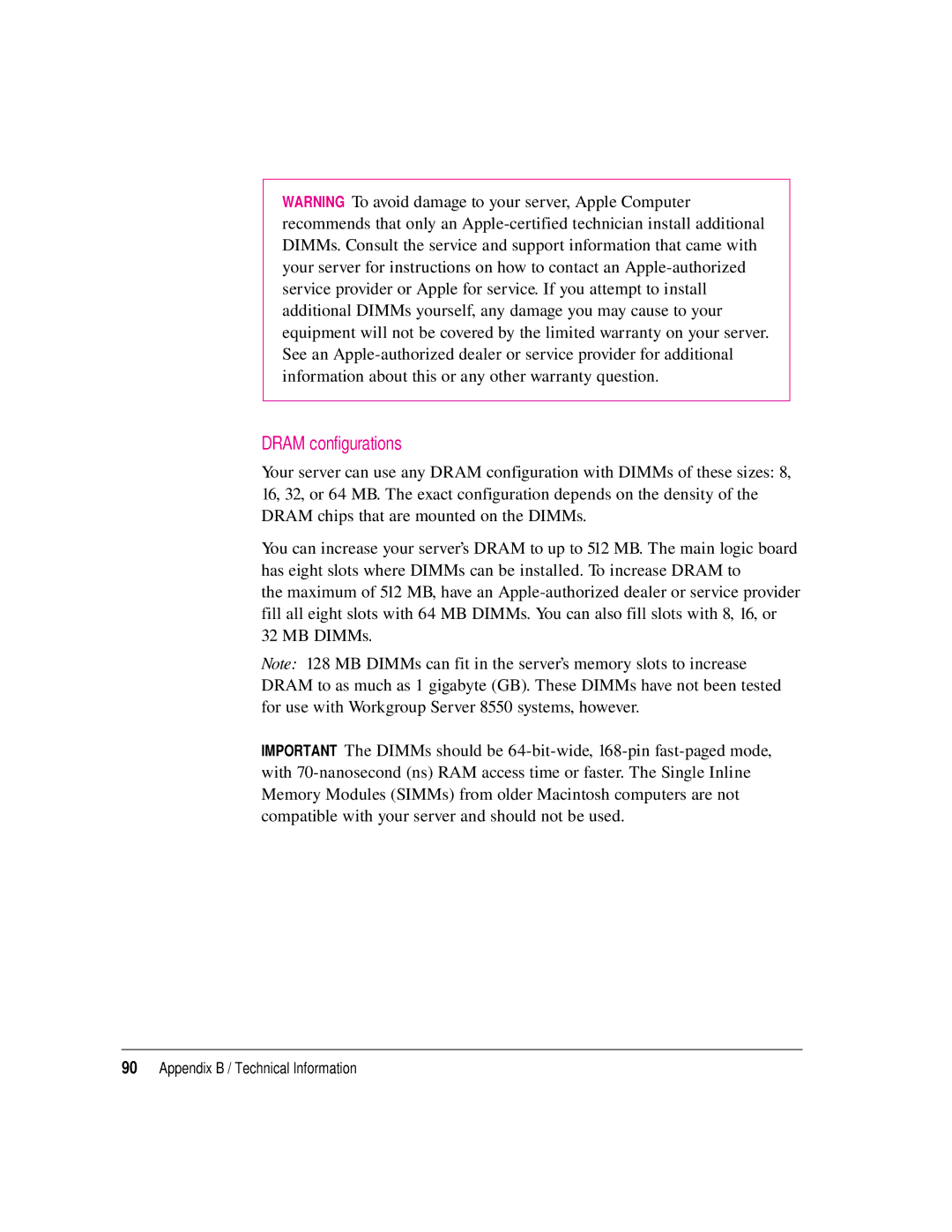 Apple 8550 technical specifications Dram configurations 