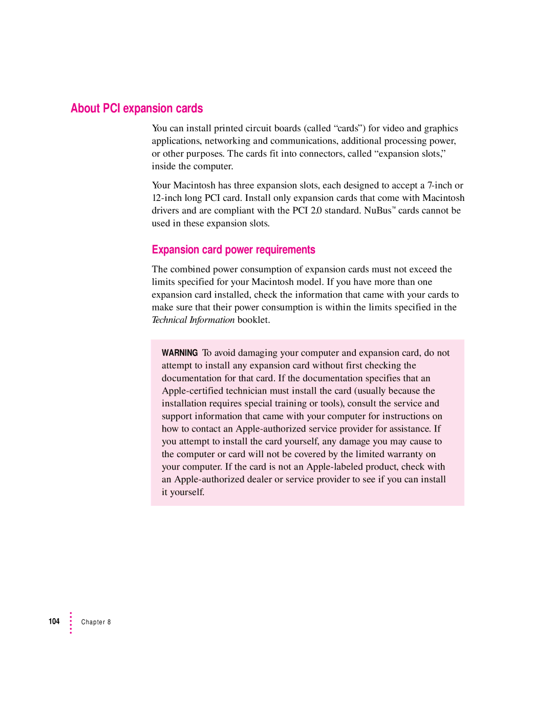 Apple 8600 appendix About PCI expansion cards, Expansion card power requirements 