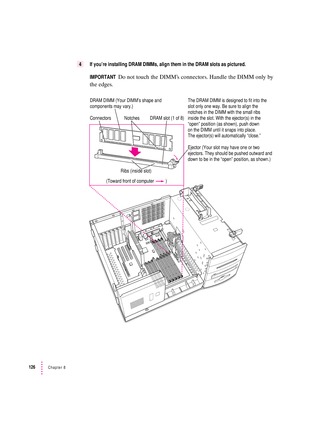 Apple 8600 appendix Connectors Notches, Ribs inside slot, Ejectors will automatically close 