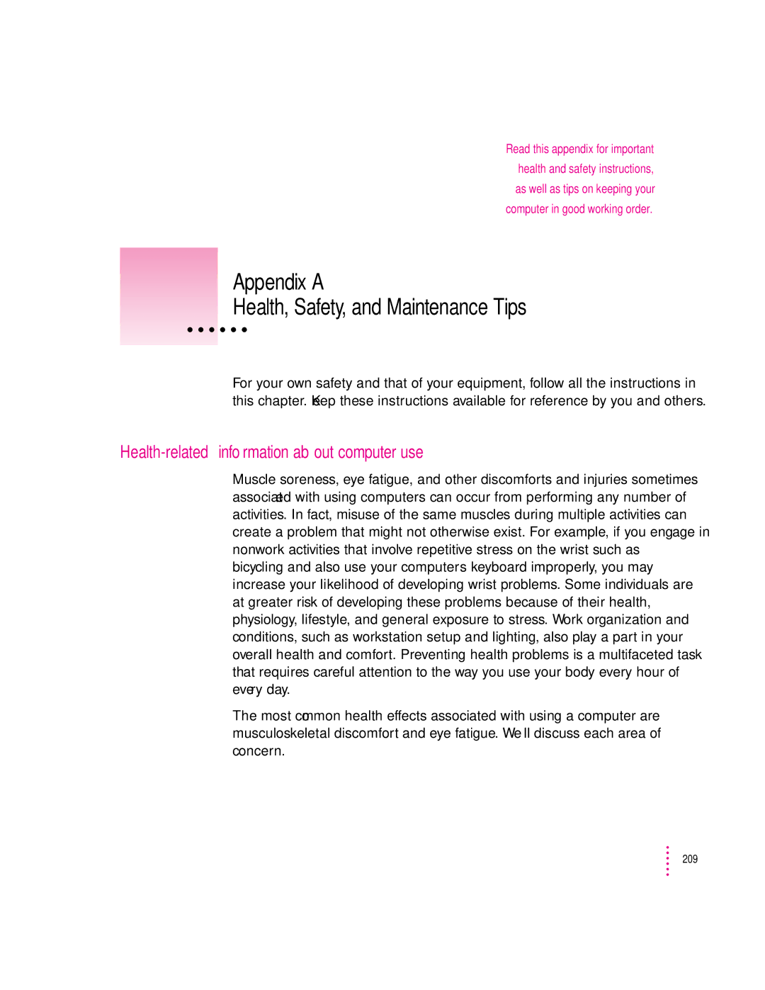 Apple 8600 appendix Appendix a Health, Safety, and Maintenance Tips, Health-related information about computer use 