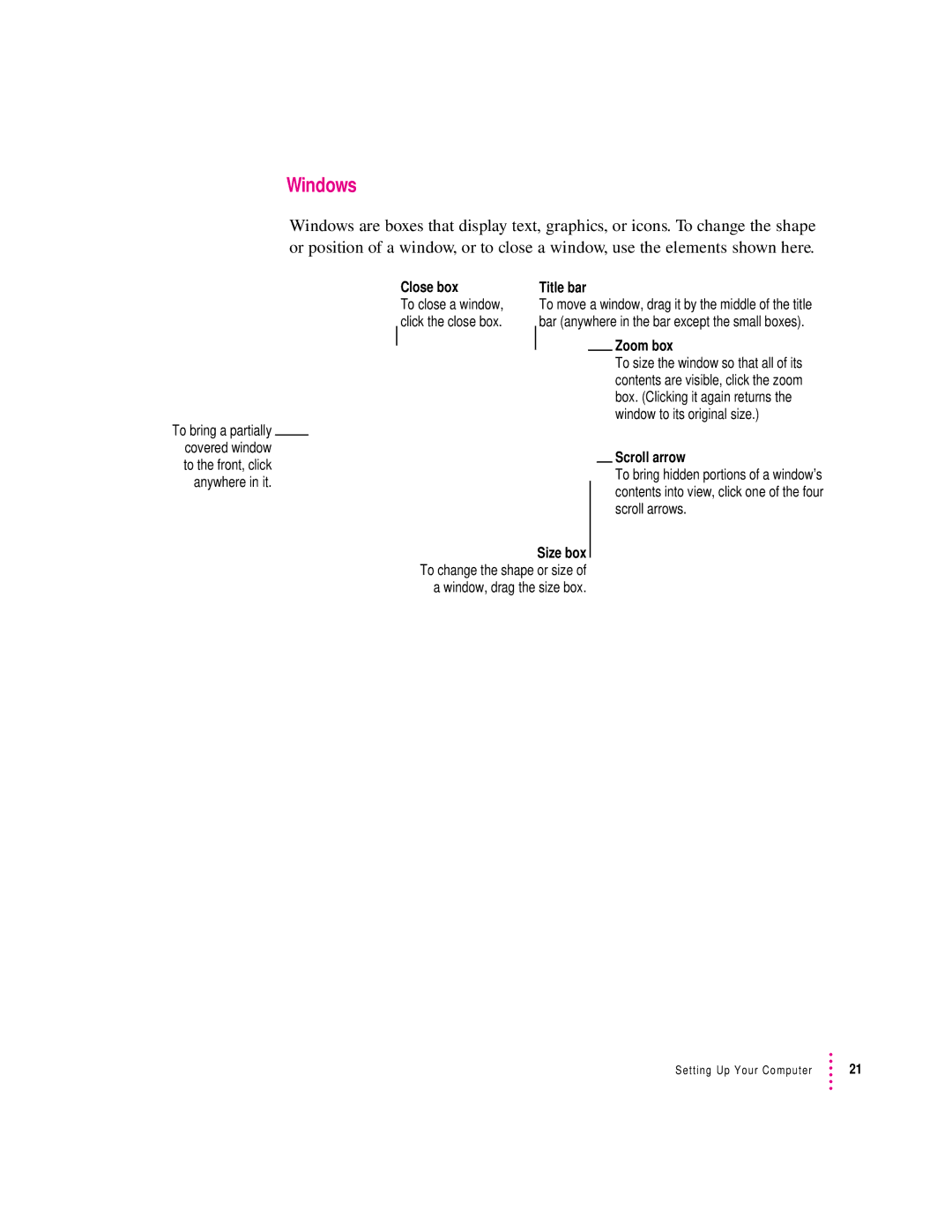 Apple 8600 appendix Windows, To close a window, Click the close box, Window to its original size, Scroll arrows 