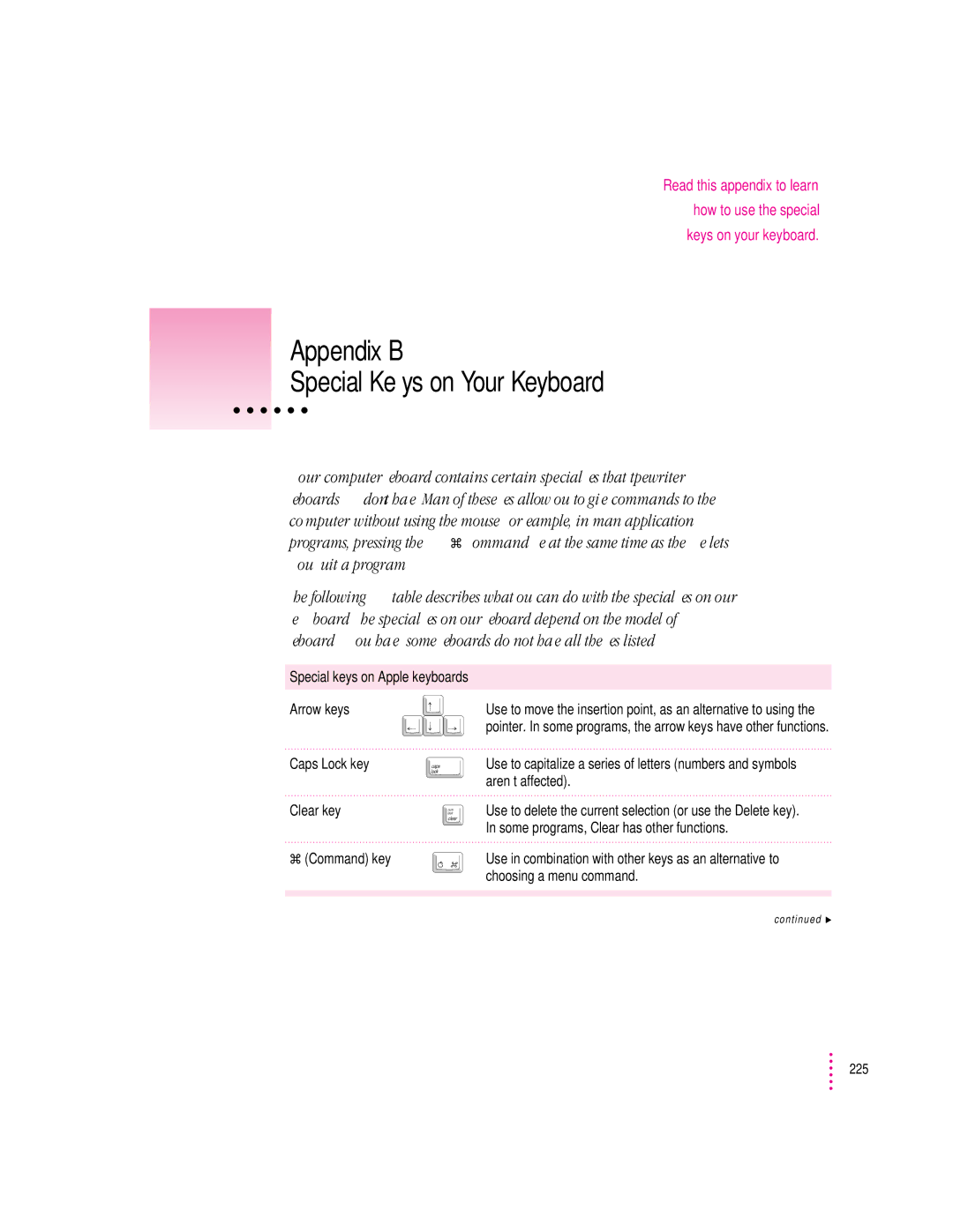 Apple 8600 appendix Appendix B Special Keys on Your Keyboard, Special keys on Apple keyboards Arrow keys 