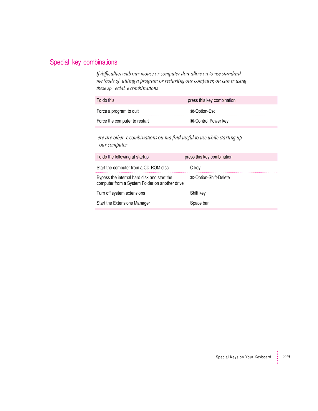 Apple 8600 appendix Special key combinations, Start the computer from a CD-ROM disc Key, Option-Shift-Delete 