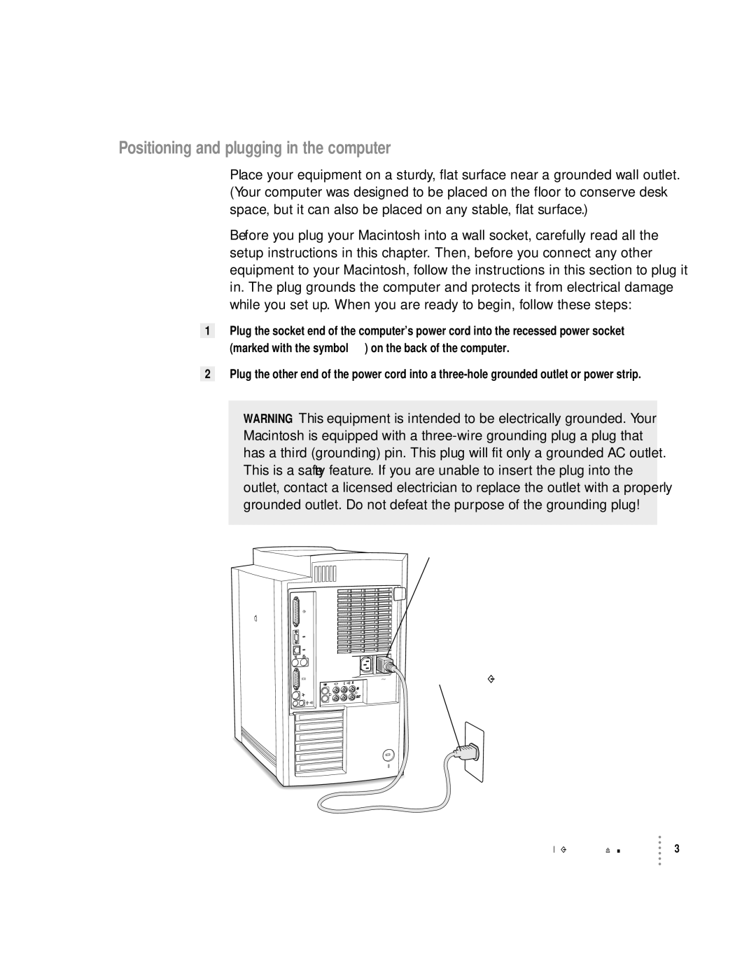 Apple 8600 appendix Positioning and plugging in the computer, Power cord socket Power cord plug 