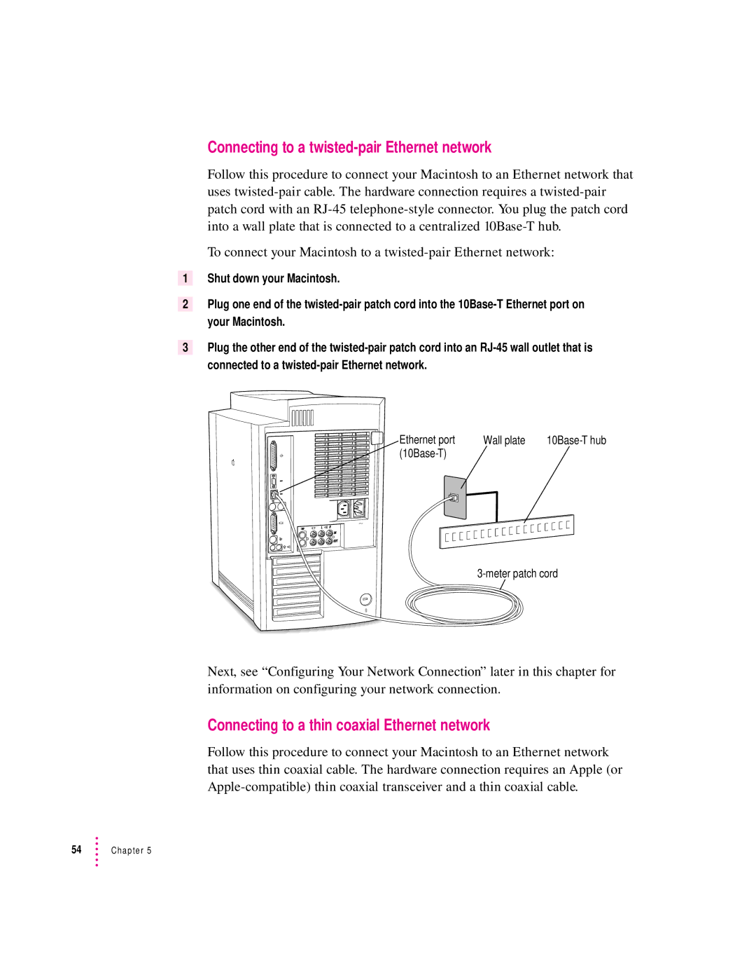 Apple 8600 appendix Connecting to a twisted-pair Ethernet network, Connecting to a thin coaxial Ethernet network 