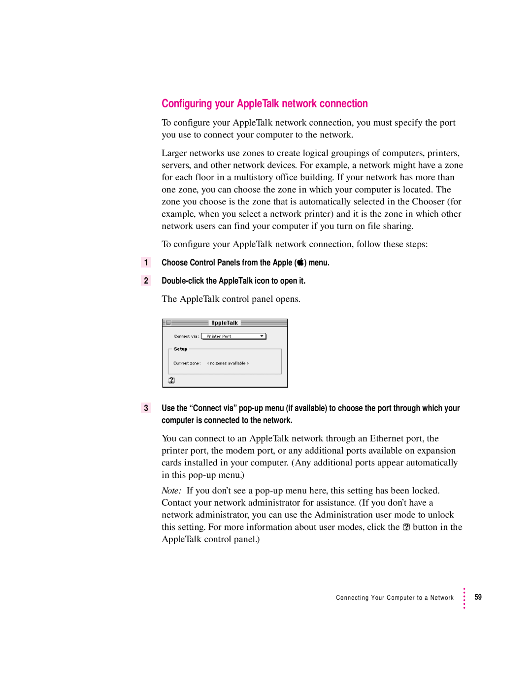 Apple 8600 appendix Configuring your AppleTalk network connection, AppleTalk control panel opens 