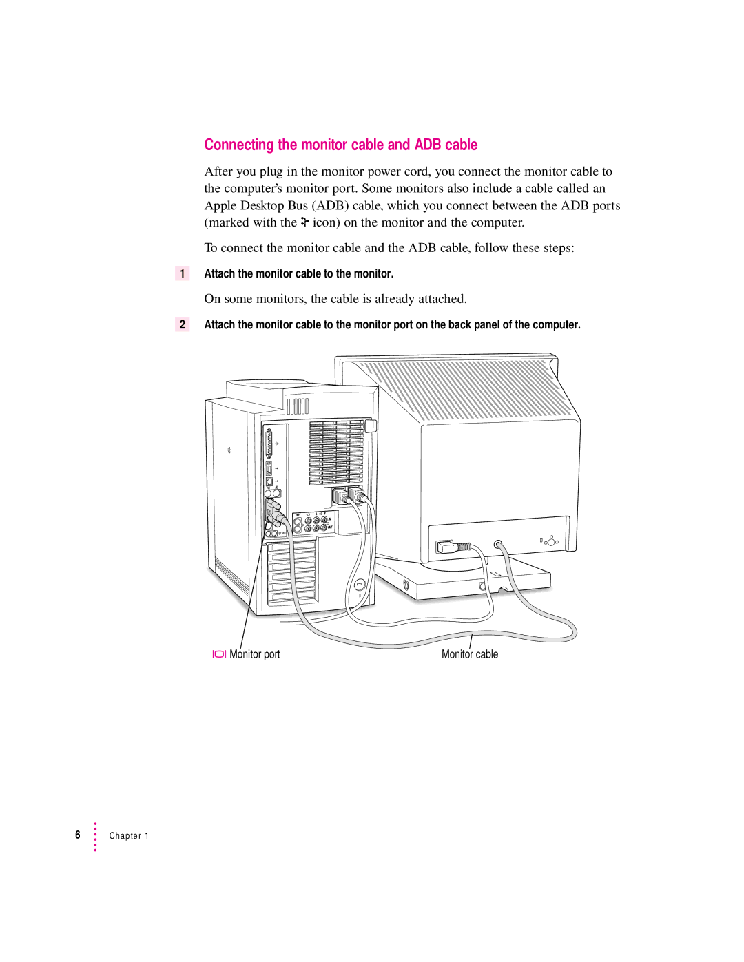 Apple 8600 appendix Connecting the monitor cable and ADB cable, Monitor port 