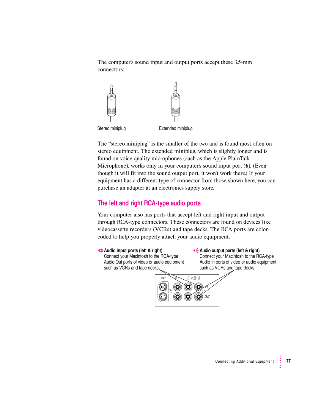 Apple 8600 appendix Left and right RCA-type audio ports, Stereo miniplug 