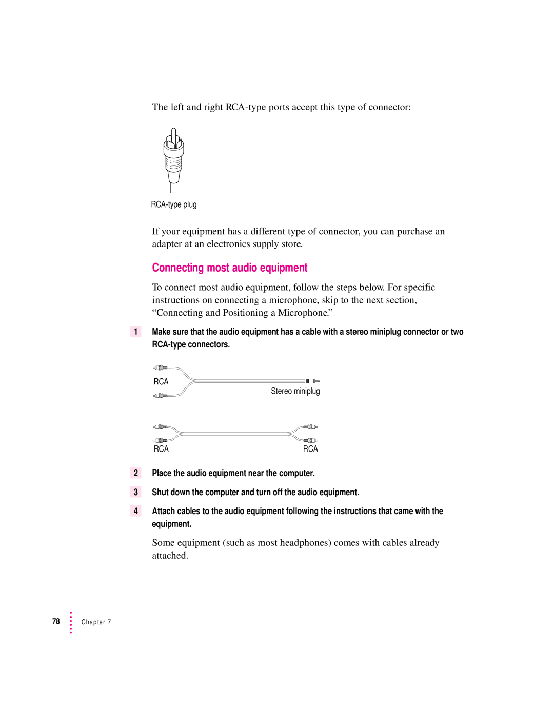 Apple 8600 appendix Connecting most audio equipment, RCA-type plug 