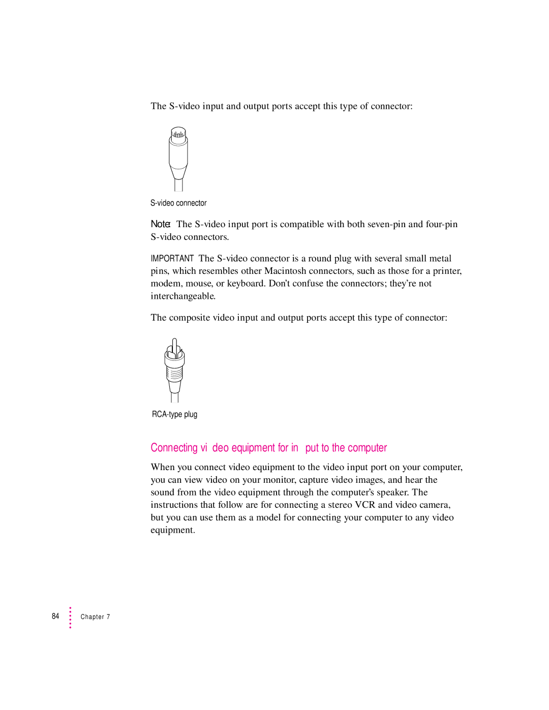 Apple 8600 appendix Connecting video equipment for input to the computer, Video connector 