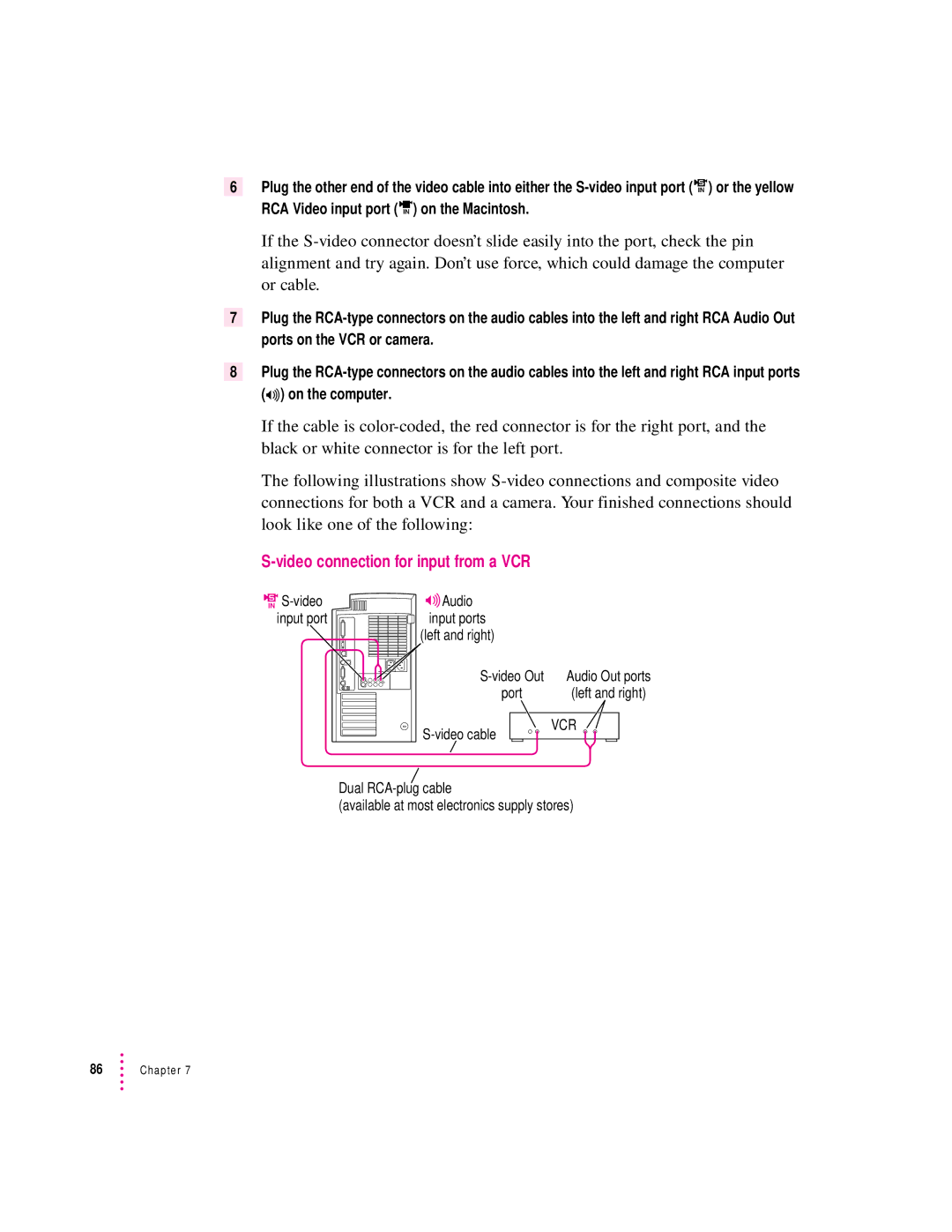 Apple 8600 appendix Video connection for input from a VCR, ÆS-video Audio Input port, Left and right 