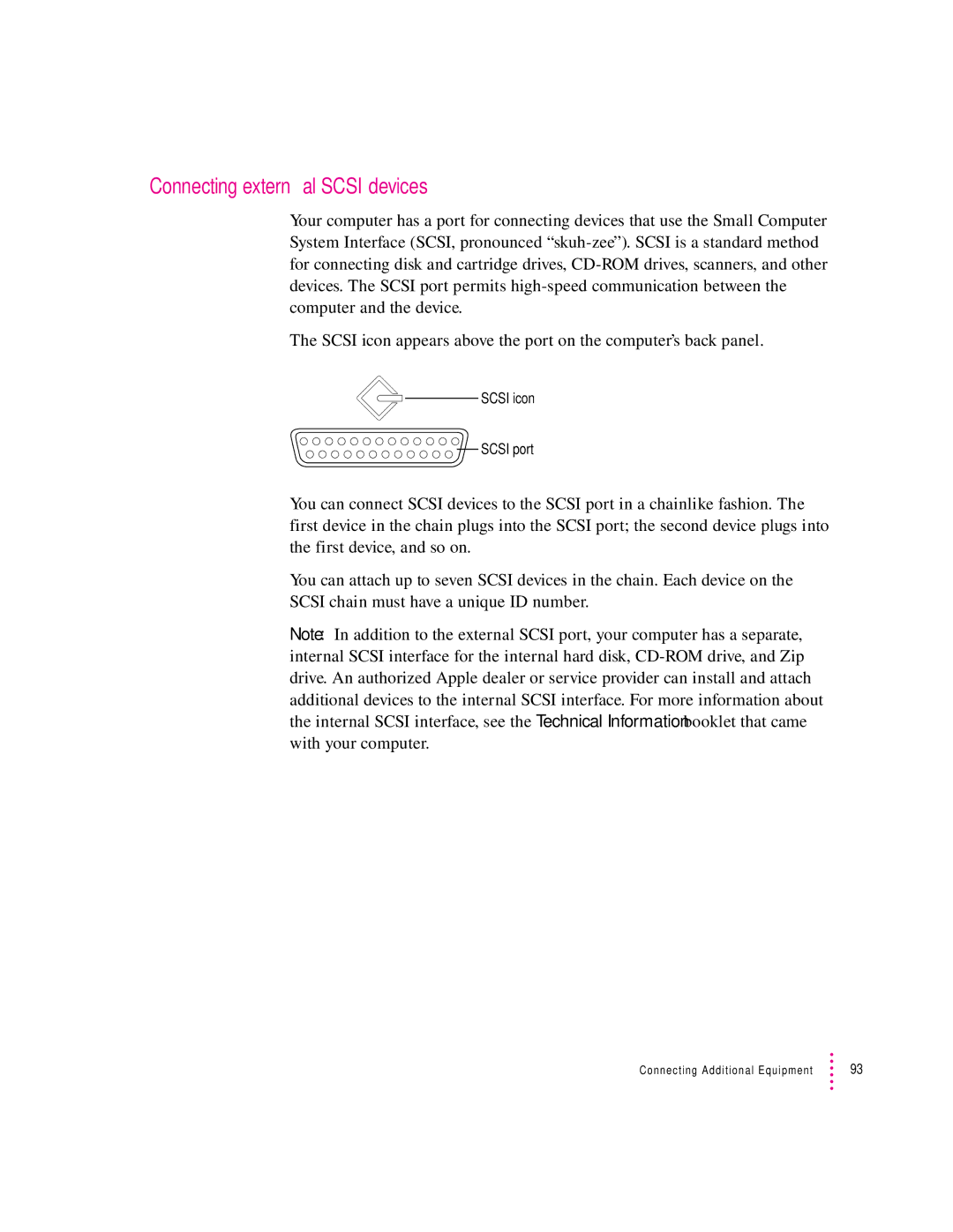 Apple 8600 appendix Connecting external Scsi devices, Scsi icon Scsi port 