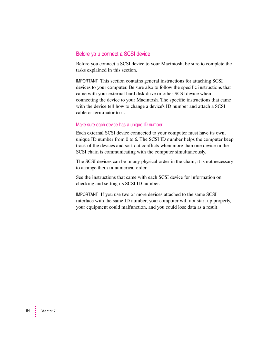 Apple 8600 appendix Before you connect a Scsi device, Make sure each device has a unique ID number 