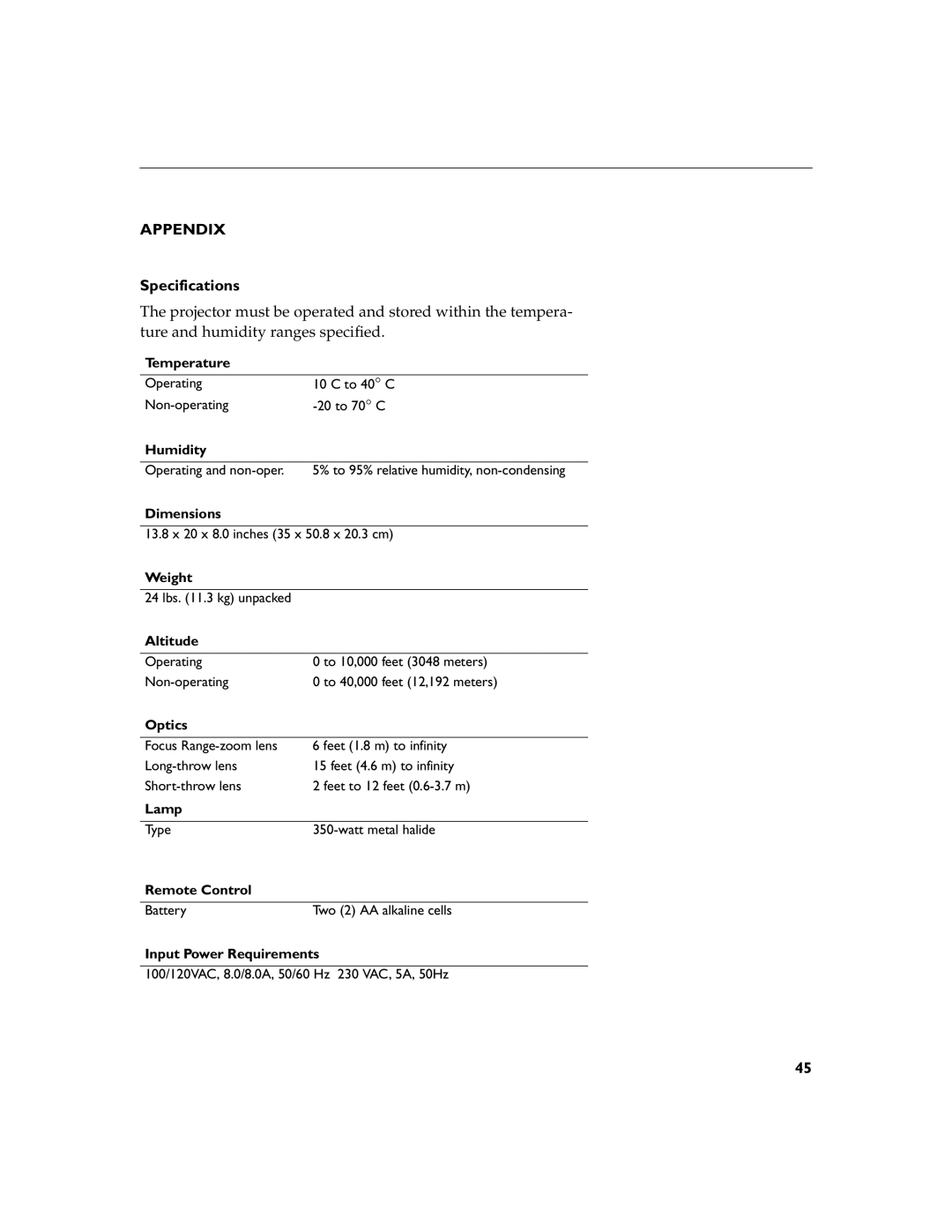 Apple 9000 manual Appendix, Specifications 