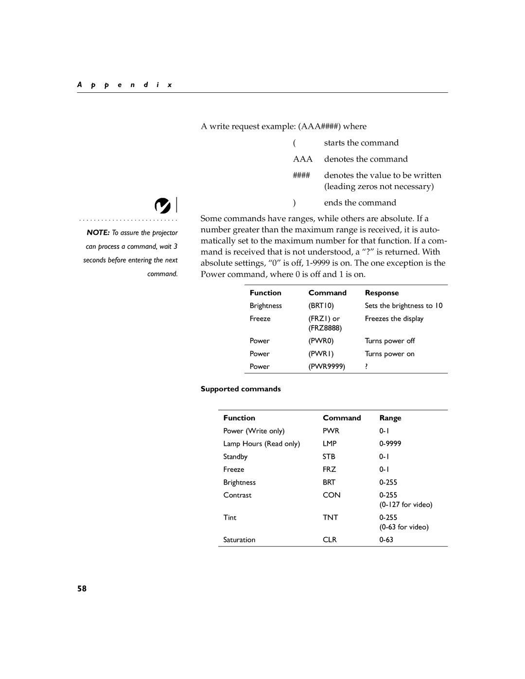 Apple 9000 manual Function Command Response, Supported commands Function Command Range 