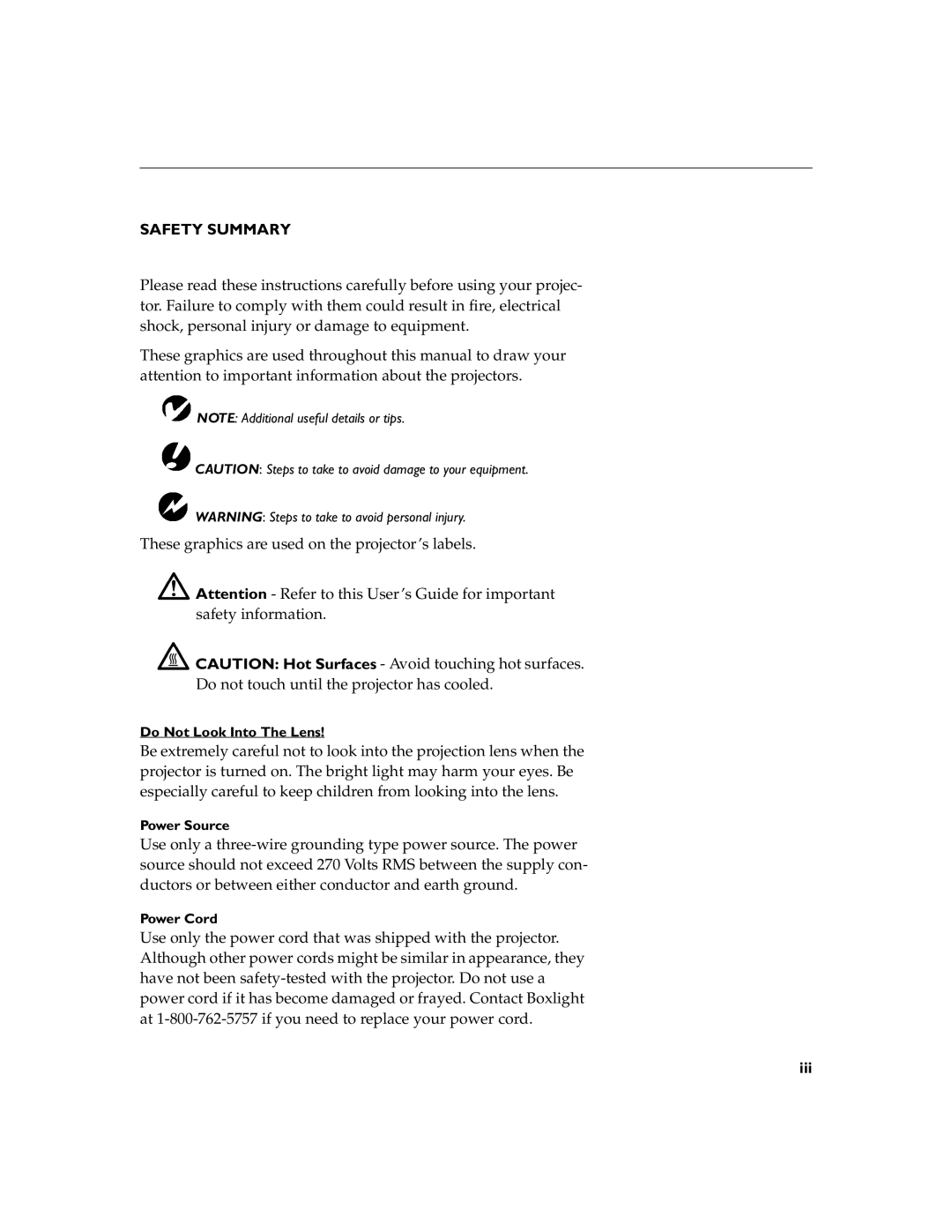 Apple 9000 manual Safety Summary, Do Not Look Into The Lens, Power Source, Power Cord 