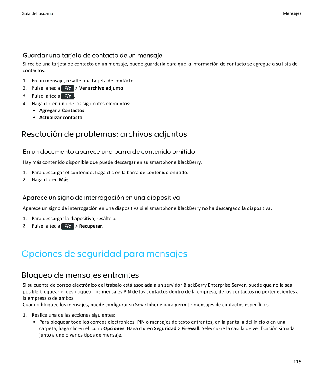 Apple 9360 Opciones de seguridad para mensajes, Resolución de problemas archivos adjuntos, Bloqueo de mensajes entrantes 