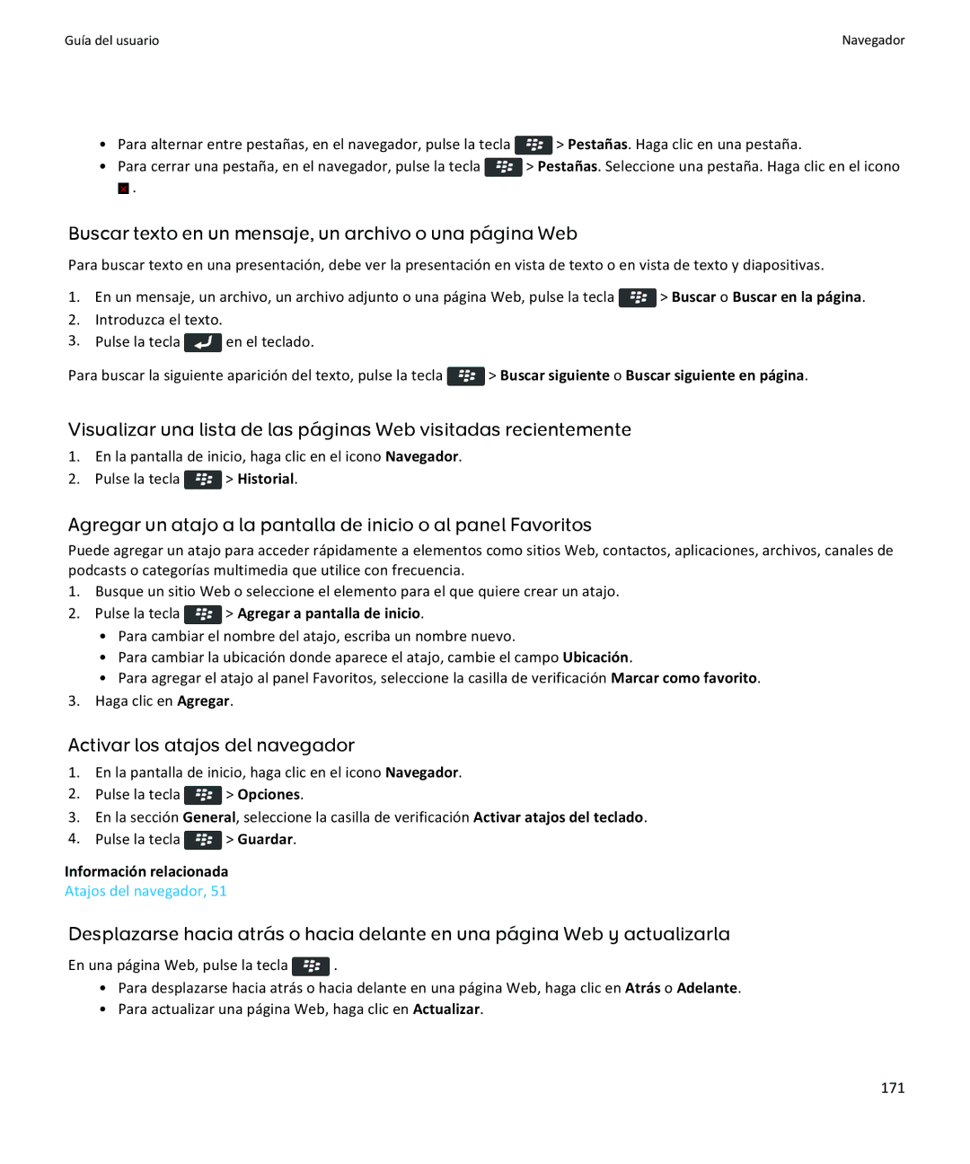 Apple 9370, 9360, 9350 manual Buscar texto en un mensaje, un archivo o una página Web, Activar los atajos del navegador 