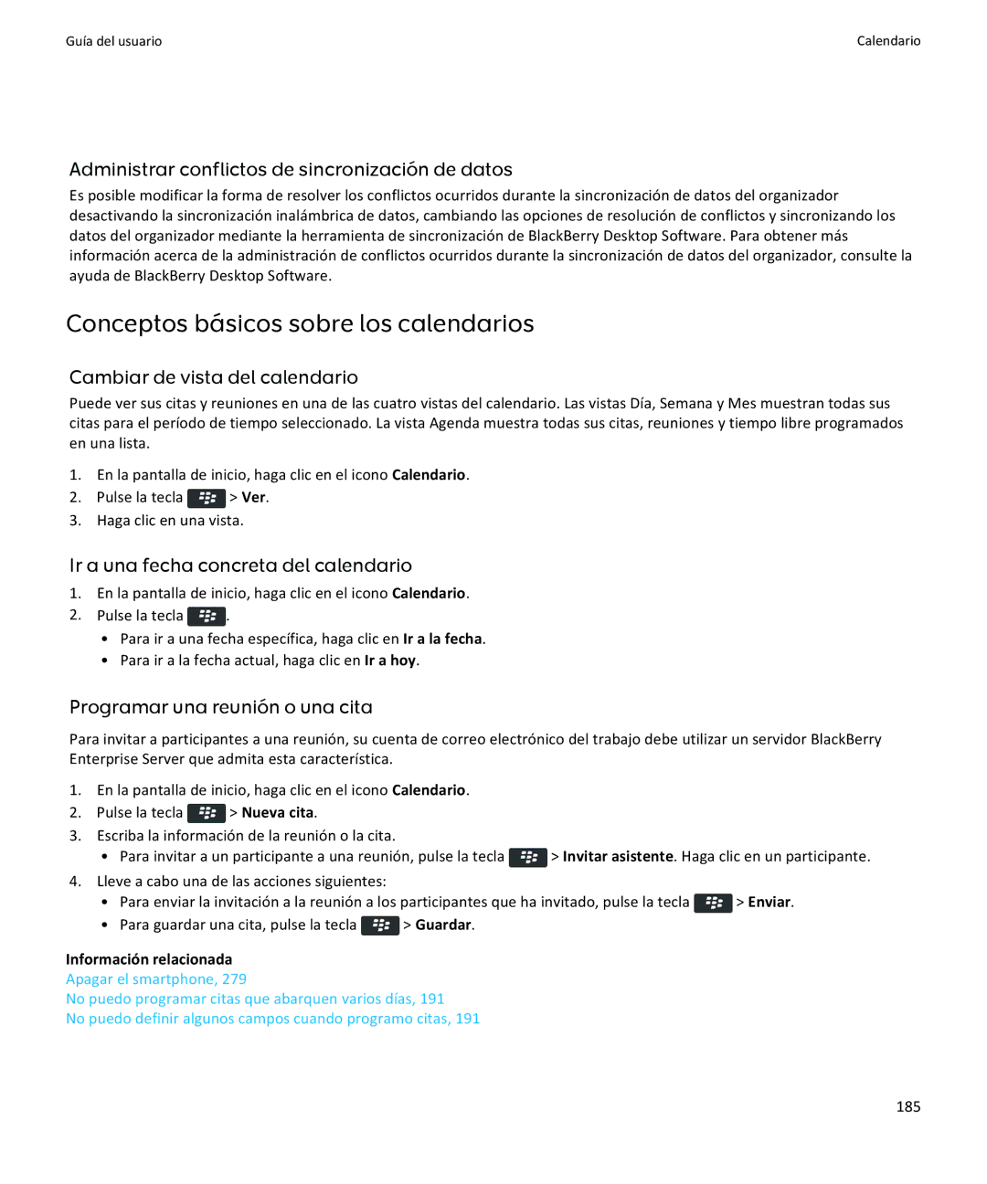 Apple 9350, 9360, 9370 manual Conceptos básicos sobre los calendarios, Administrar conflictos de sincronización de datos 