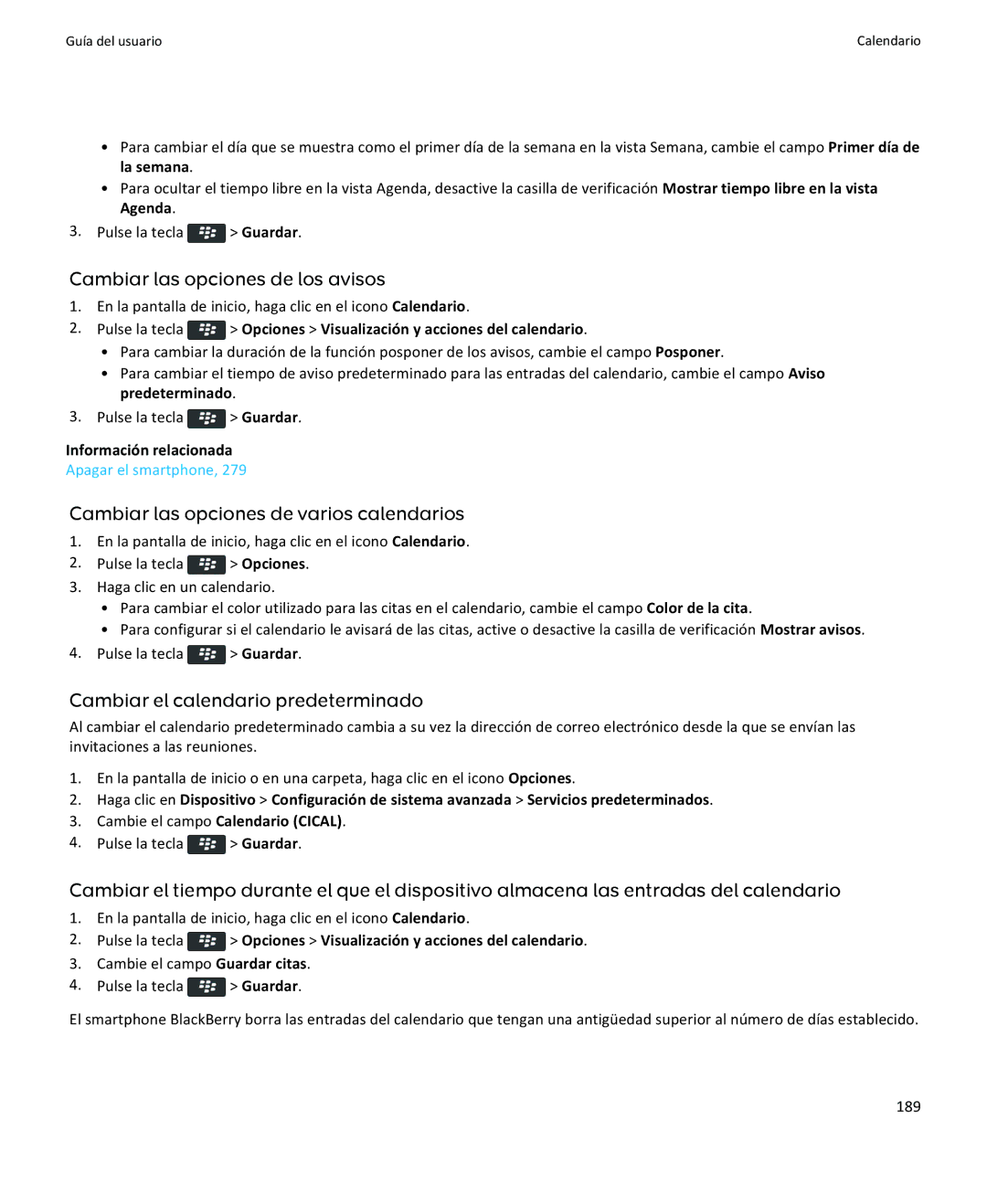 Apple 9370, 9360, 9350 manual Cambiar las opciones de los avisos, Cambiar las opciones de varios calendarios, 189 