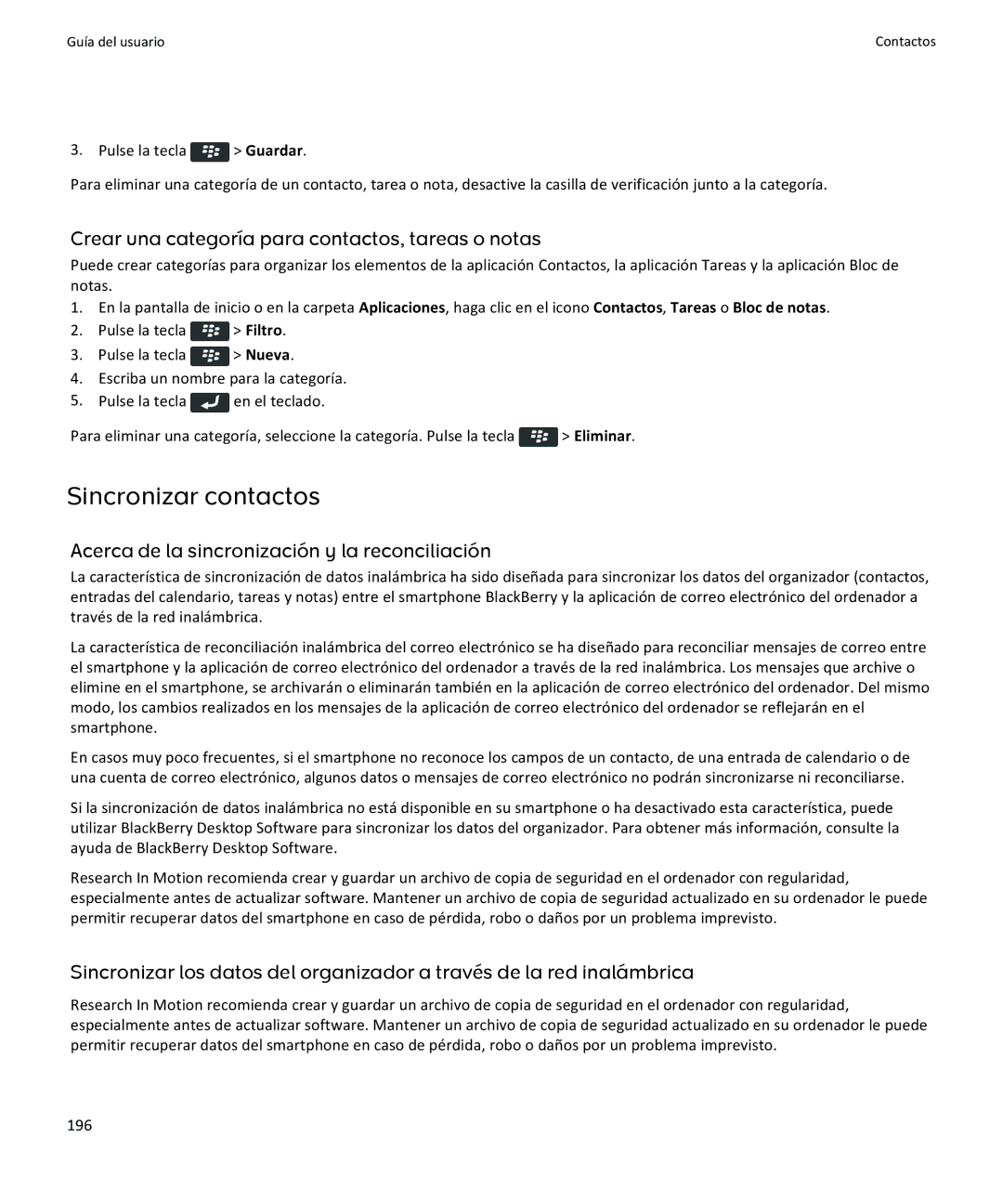 Apple 9360, 9350, 9370 manual Sincronizar contactos, Crear una categoría para contactos, tareas o notas, 196 