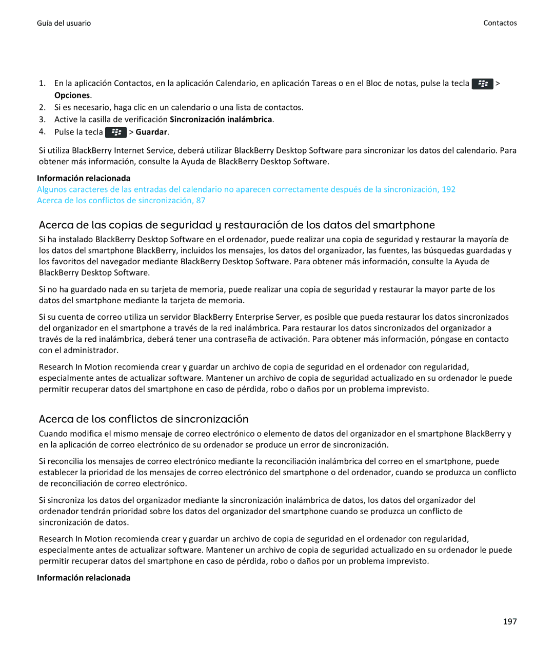 Apple 9350, 9360, 9370 manual Acerca de los conflictos de sincronización, 197 