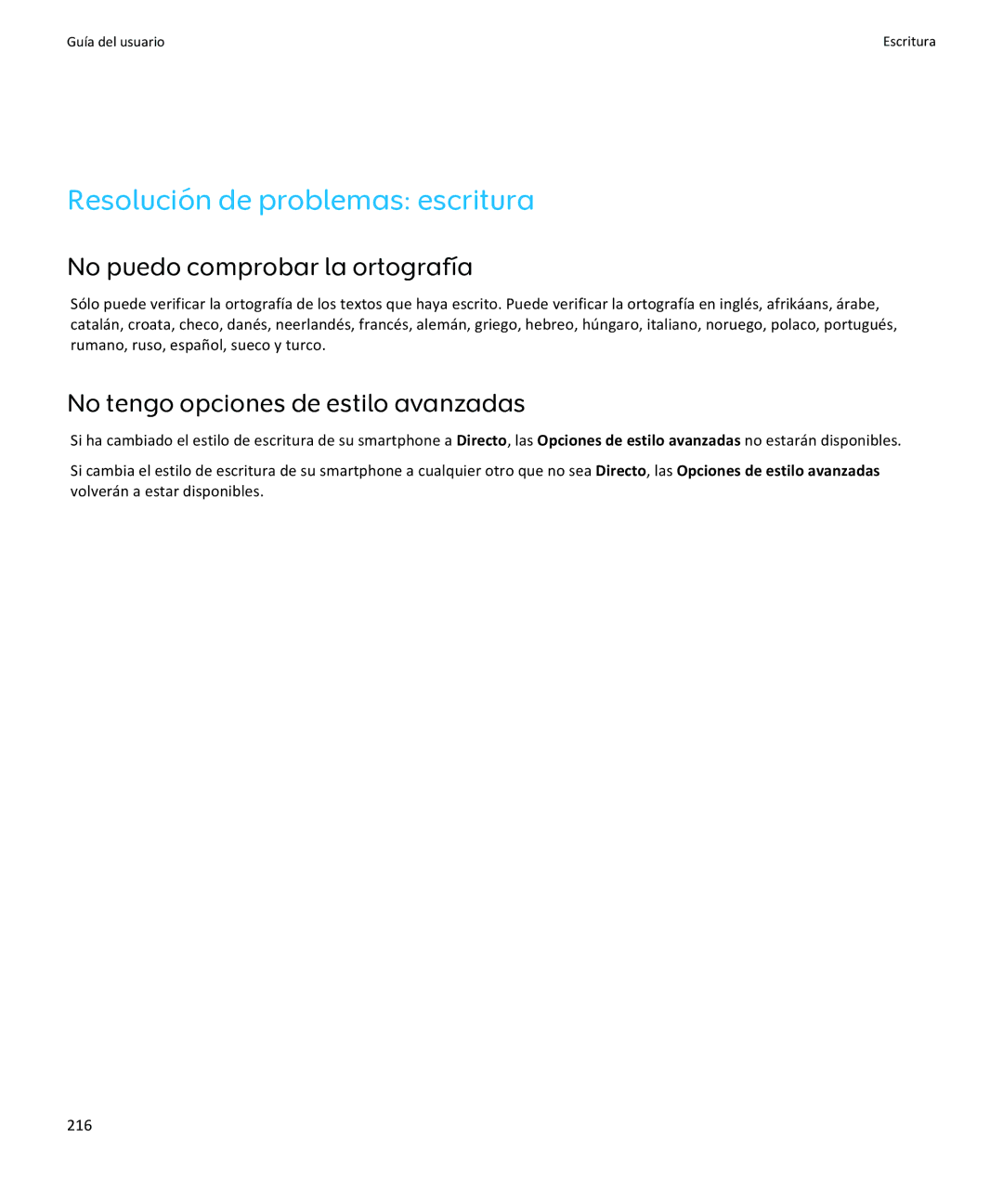 Apple 9370 Resolución de problemas escritura, No puedo comprobar la ortografía, No tengo opciones de estilo avanzadas 