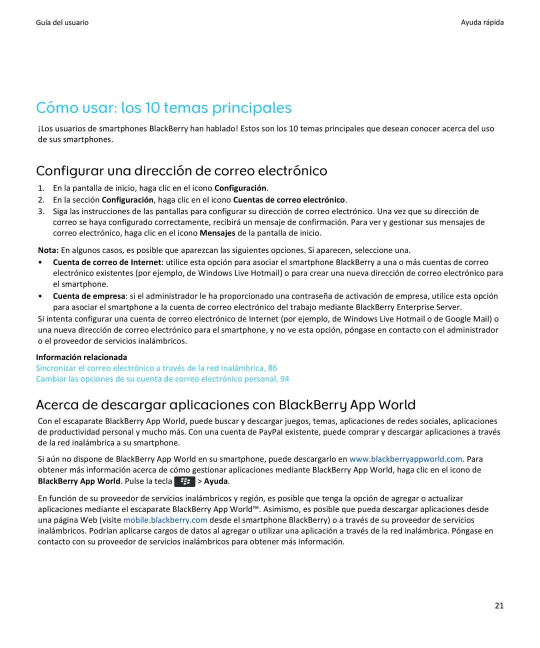 Apple 9370, 9360, 9350 manual Cómo usar los 10 temas principales, Configurar una dirección de correo electrónico 