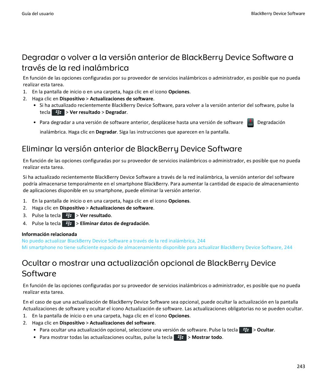 Apple 9370, 9360, 9350 manual Eliminar la versión anterior de BlackBerry Device Software, Tecla Ver resultado Degradar 