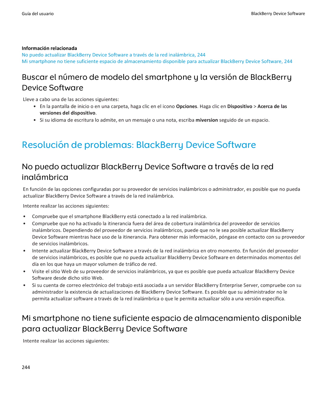 Apple 9360, 9350, 9370 Resolución de problemas BlackBerry Device Software, Intente realizar las acciones siguientes 244 