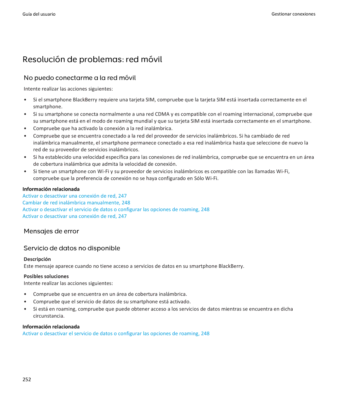 Apple 9370, 9360, 9350 manual Resolución de problemas red móvil, No puedo conectarme a la red móvil, Posibles soluciones, 252 