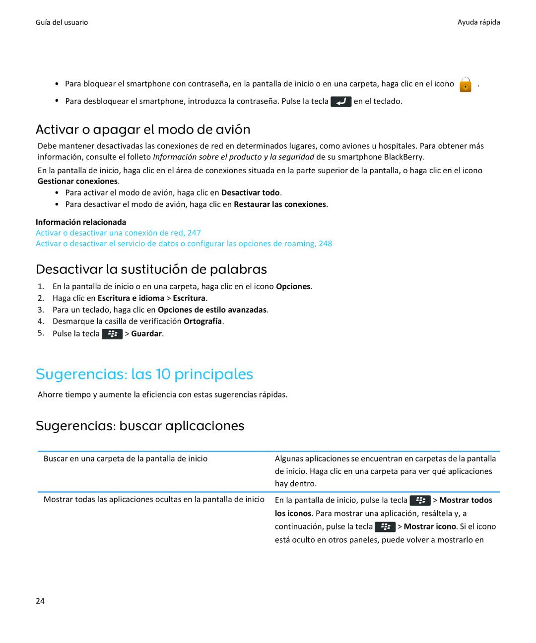 Apple 9370, 9360 Sugerencias las 10 principales, Activar o apagar el modo de avión, Desactivar la sustitución de palabras 