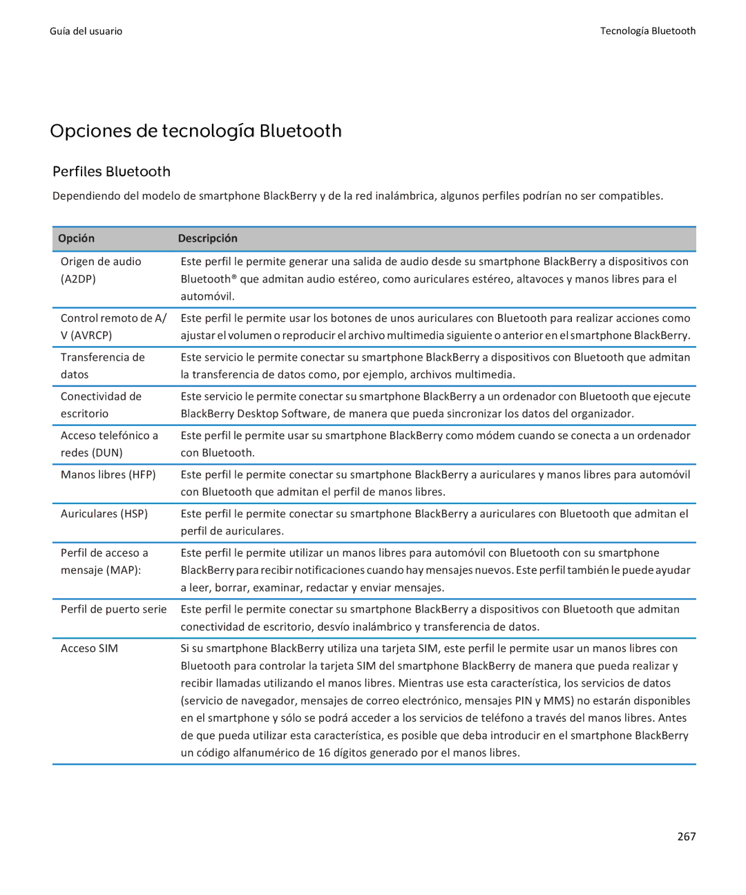 Apple 9370, 9360, 9350 manual Opciones de tecnología Bluetooth, Perfiles Bluetooth 